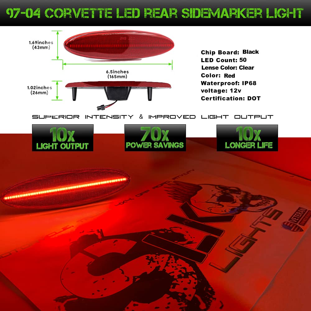 SLK-Lights C5 Red LED Rear Side Marker Fender Lights - High Performance OEM Replacement for 1997-2004 Corvette Coupe, Z06 & Convertible - Enhanced Visibility & Style (Red Lens) - Perfect for Night Driving & Car Shows