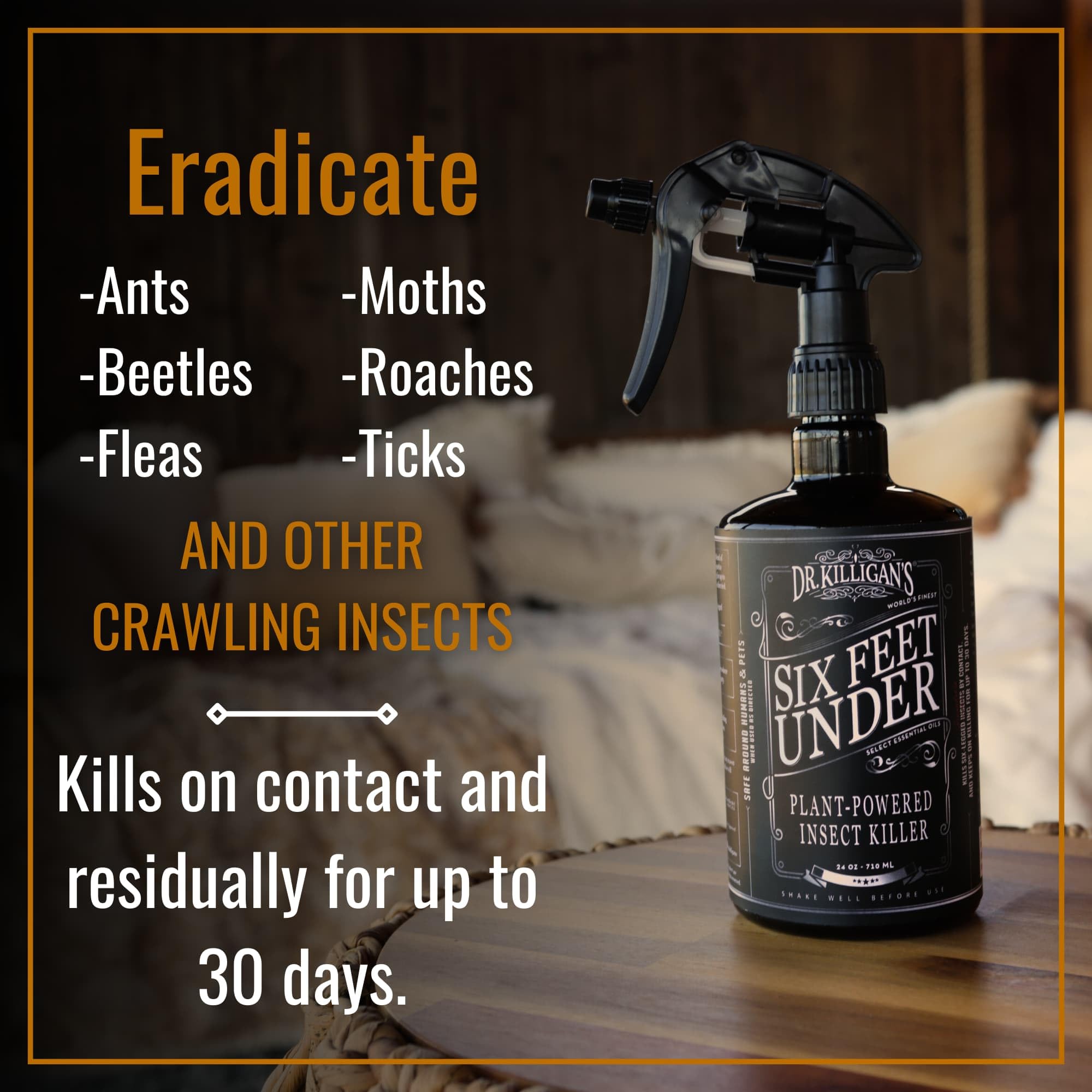 Dr. Killigan's Six Feet Under Natural Insect Killer Spray - Plant-Based Indoor Pest Control for Fleas, Moths, Ants & Cockroaches | Pet & Family Safe (24 oz) | Ideal for Kitchens, Pantries, Closets & Home Protection
