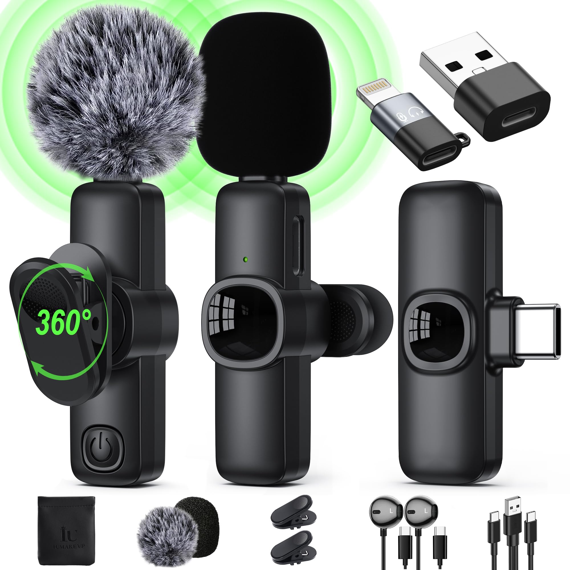 Wireless Lavalier Microphone for iPhone Android Laptop PC - IUMAKEVP 360° Adjustable Clip-on Mic with 100FT Range & Noise Cancellation - Perfect for Vlogging, YouTube, TikTok Live, Podcasting, Interviews & Online Classes (2 Mics Set)