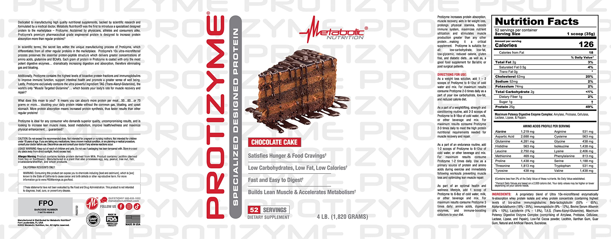 Metabolic Nutrition Protizyme 100% Whey Protein Powder - High Protein, Low Carb, Low Fat with Digestive Enzymes & 24 Vitamins - 4lb (52 Servings) for Muscle Recovery, Weight Loss & Post-Workout Nutrition