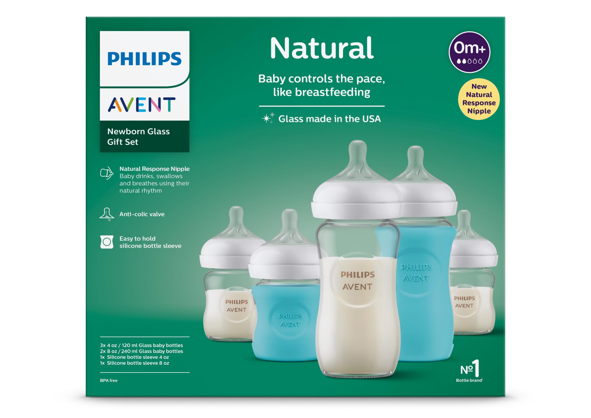 Philips Avent Natural Newborn Glass Baby Bottle Gift Set - 3x 4oz (Slow Flow) & 2x 8oz (Medium Flow) with Natural Response Nipples & 2 Silicone Sleeves - Perfect for Breastfeeding Transition & On-the-Go Feeding (SCD858/01)