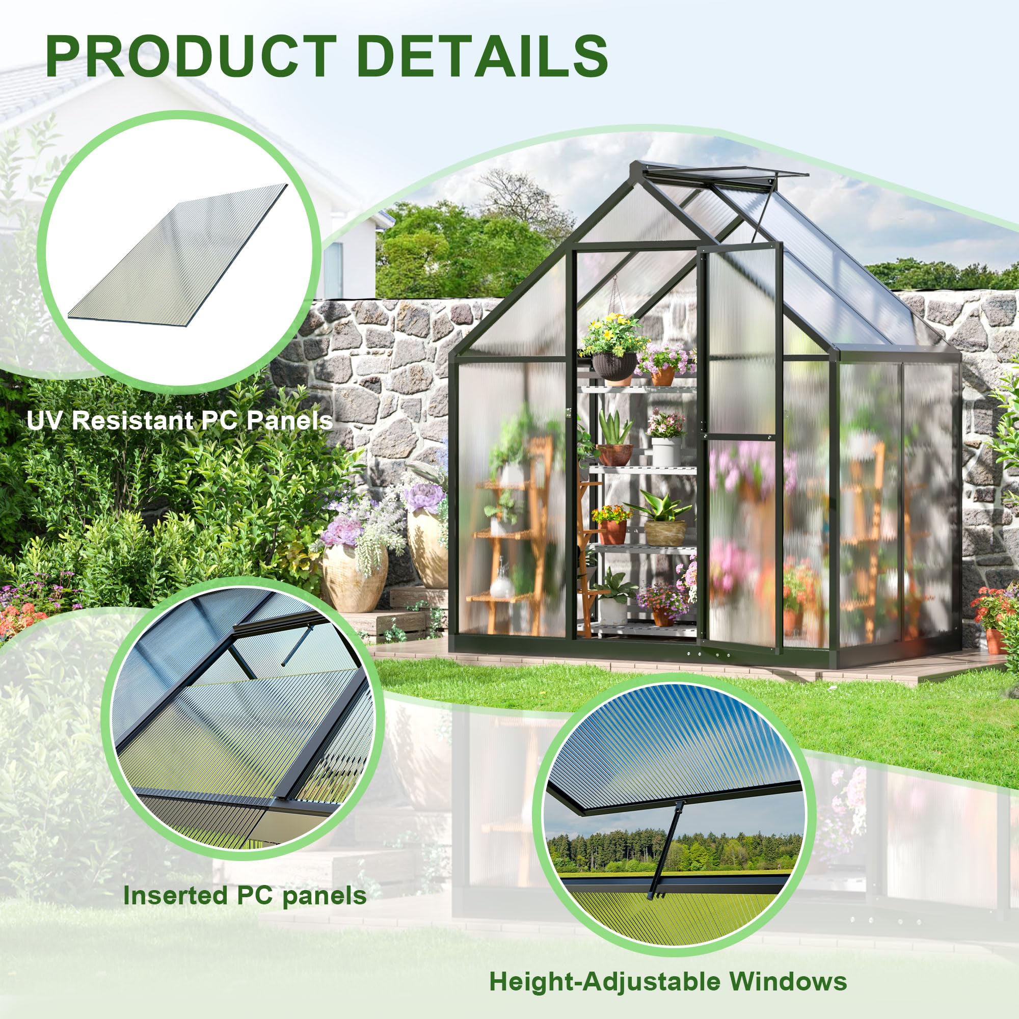 4x6 FT Polar Aurora Greenhouse - Quick Assembly Aluminum Frame with Polycarbonate Panels, Walk-in Outdoor Greenhouse for Backyard Garden with Ventilated Windows | Perfect for Growing Vegetables, Herbs & Flowers Year-Round