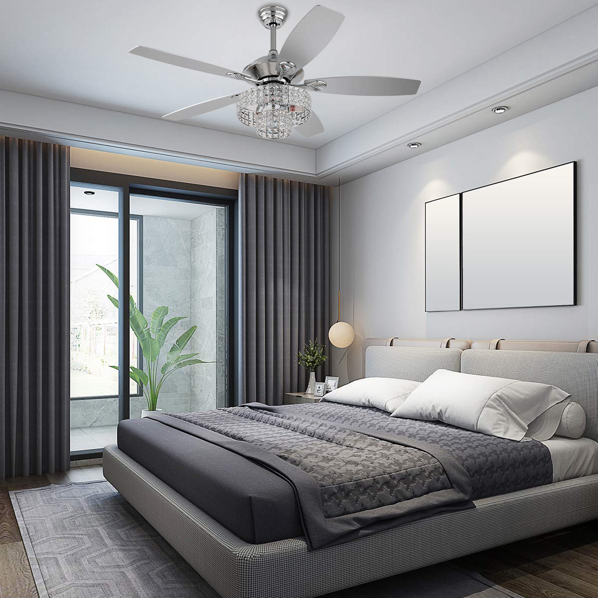 52 Inch Silver Crystal Ceiling Fan with Remote Control - 3 Adjustable Speeds & Reversible Blades for Living Room, Bedroom & Dining Room - Modern Indoor Cooling & Lighting Solution