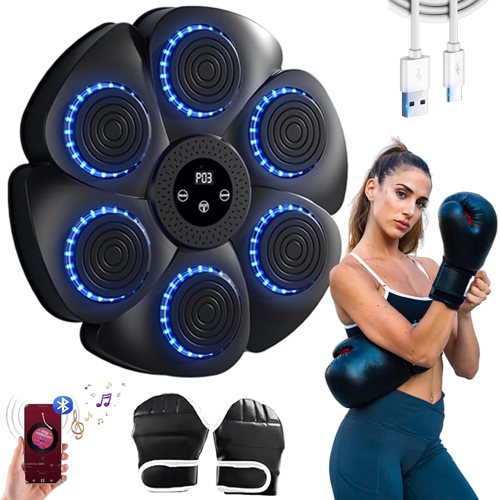 Puncheffy Upgraded Bluetooth Music Boxing Machine - Wall Mounted Smart Punching Bag for Adults & Kids, Adjustable Levels for Home Gym, Cardio Workout & Stress Relief