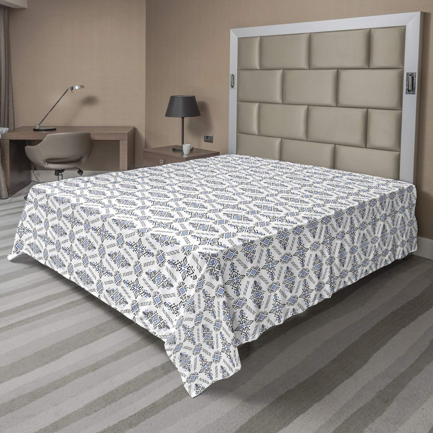 Ambesonne Abstract Aztec Style King Size Flat Sheet - Soft, Comfortable Bedding with Prehistoric Art Motifs in White, Blue & Grey | Perfect for Modern & Bohemian Bedroom Decor