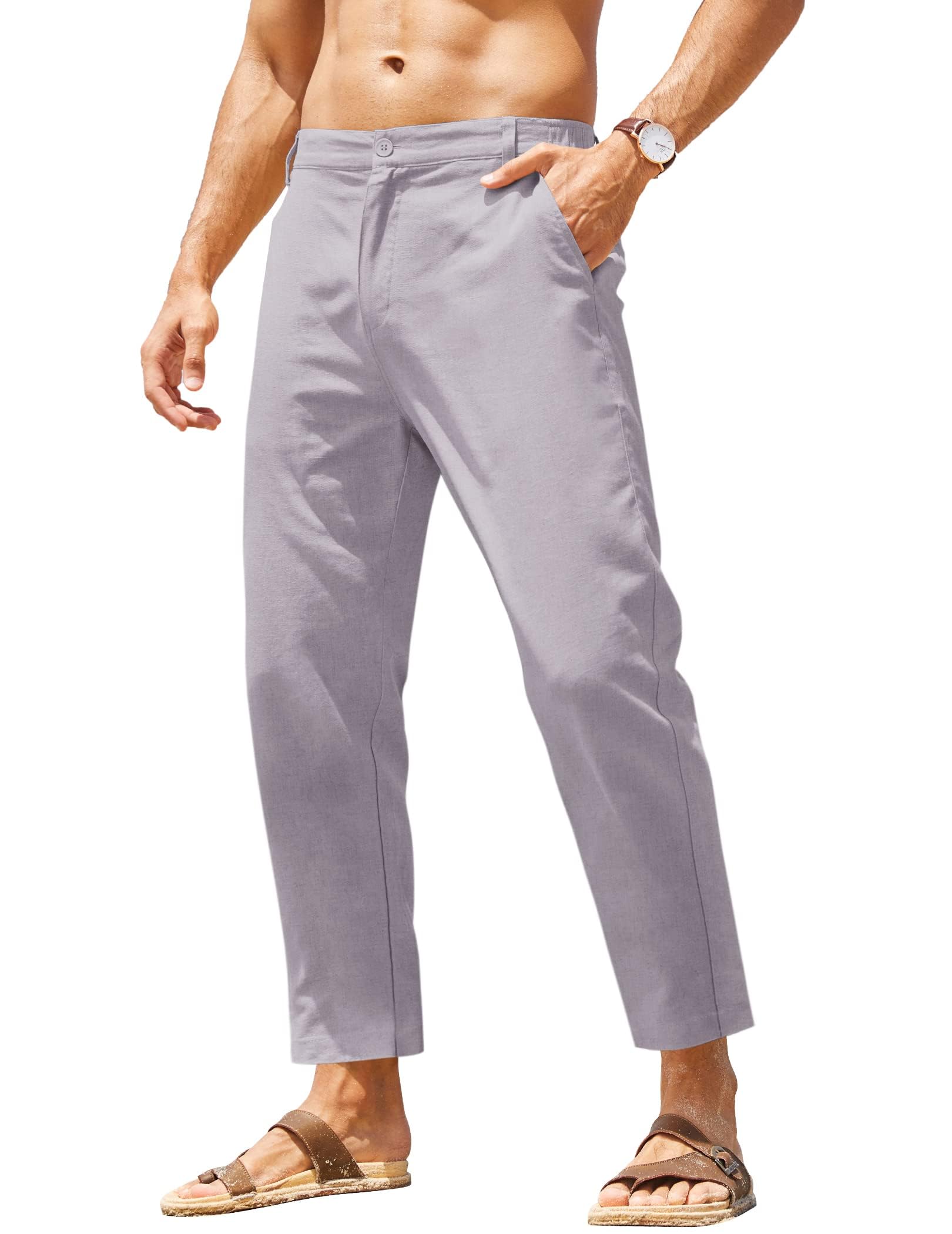 COOFANDY Men's Cotton Linen Pants - Elastic Waist Slim Fit Casual Pants for Yoga, Beach & Travel | Lightweight Breathable Summer Pants with Pockets