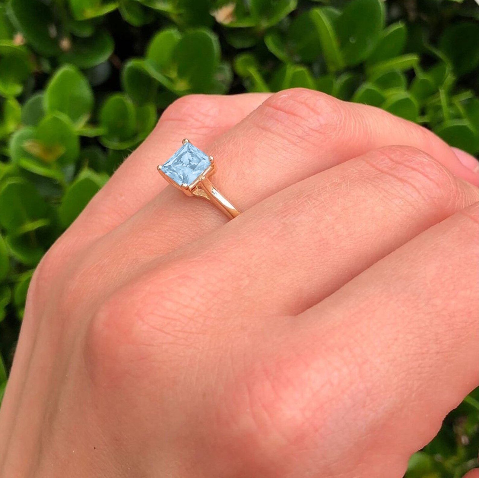 14K Yellow Gold Princess Cut Solitaire Natural Aquamarine Ring for Women - Elegant March Birthstone Jewelry Gift for Engagement, Wedding & Anniversary