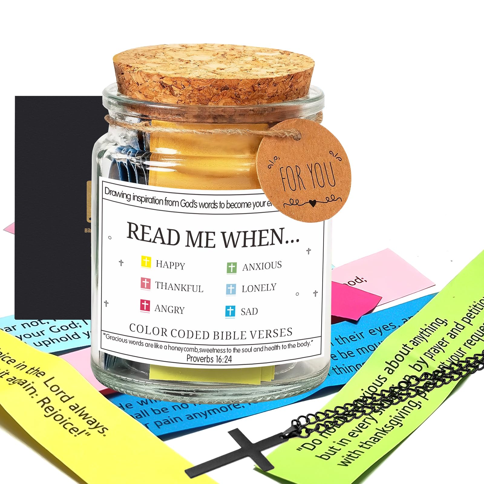 Bible Verse Jar - Inspirational Scripture Jar for Emotions & Feelings | Christian Gift for Women & Men | Religious Graduation Present | Prayer & Hope Jar for Bible Study (Black Cross Design) - Perfect for Daily Devotion, Small Group Study & Spiritual Encouragement