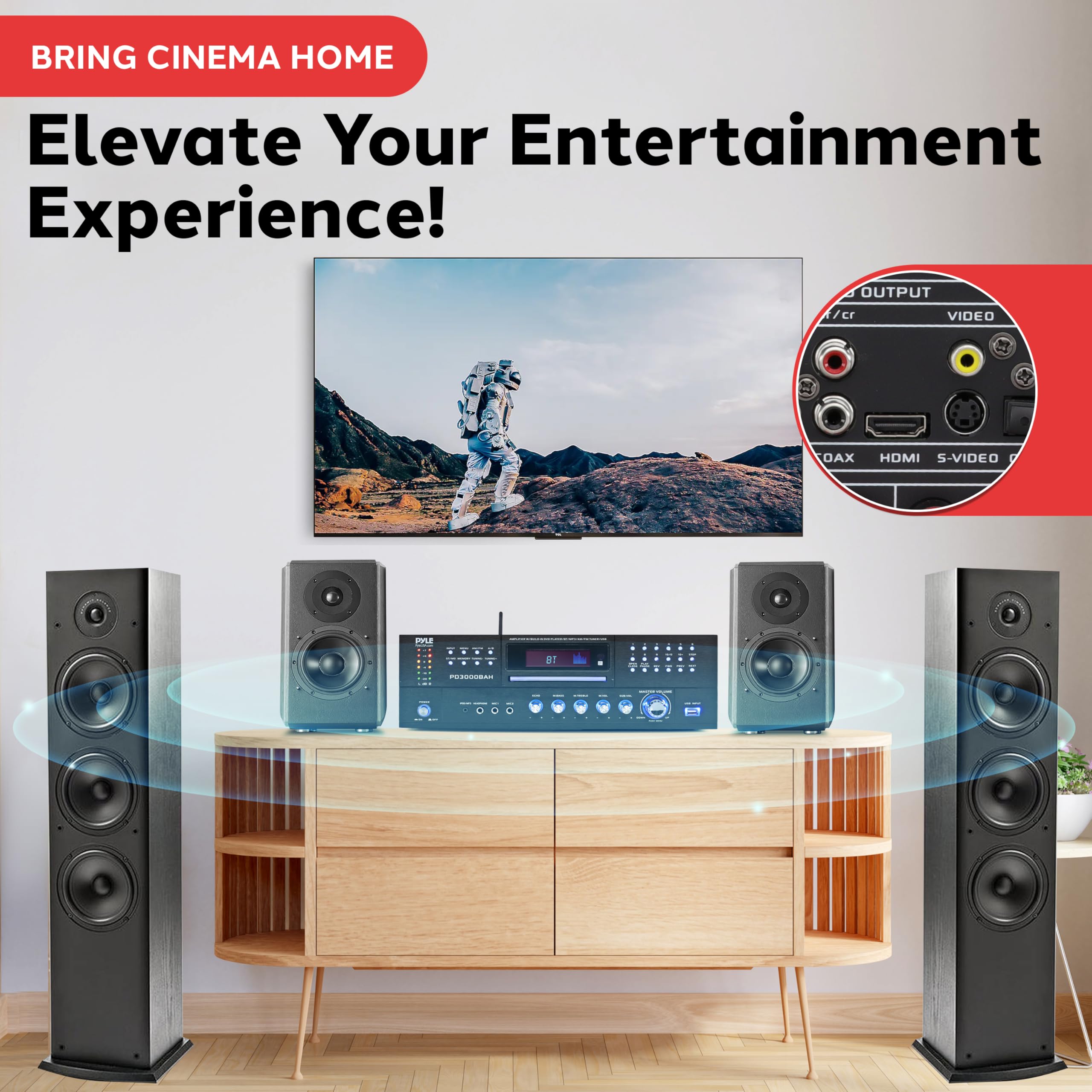 Pyle 4 Channel Wireless Bluetooth Amplifier - 4000W Home Audio Receiver with FM Radio, HDMI, USB, 2 Mic Inputs & Echo for Karaoke, CD/DVD Player - Perfect for Home Theater, DJ Setup, and Live Music Performances