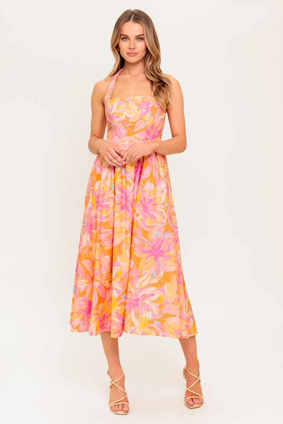 Morning Sun Halter Tie Midi Dress in Coral - Perfect for Summer Beach Vacations, Pool Parties & Casual Outings