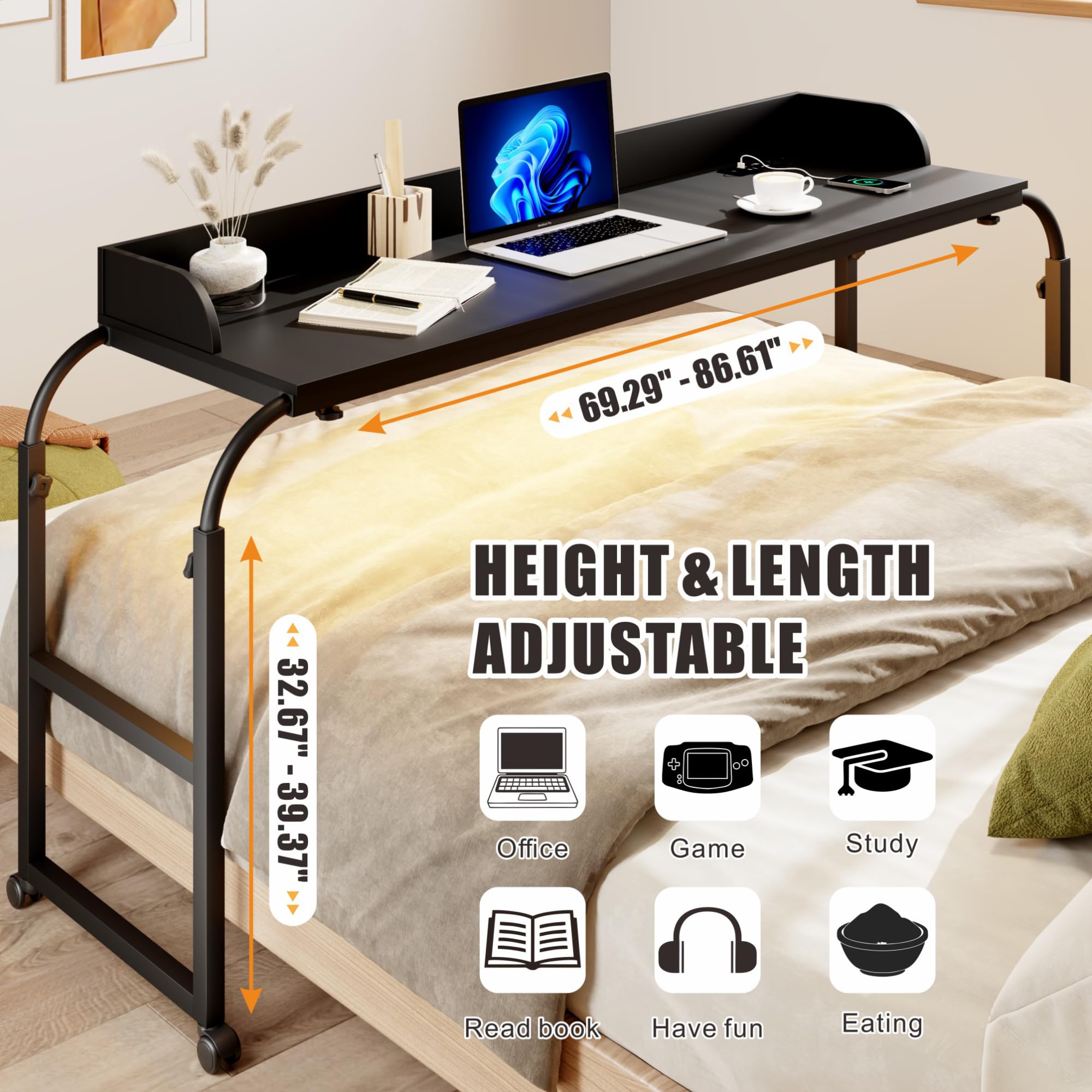 Auto-Sensor LED Over Bed Desk with Wheels - Adjustable Height Rolling Tray Table with Charging Station - Side Table for Laptop, Writing & Living Room Use - Perfect for Home Office, Bedroom & Small Spaces (Black)