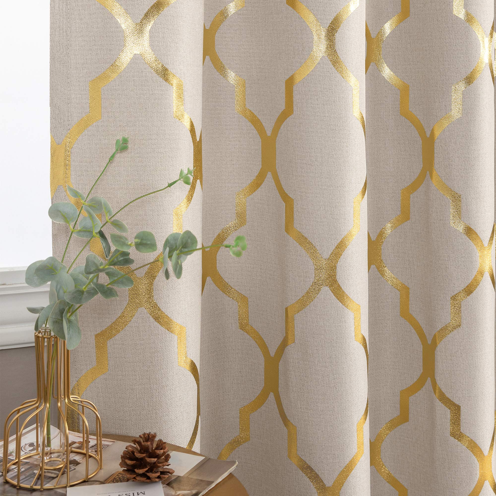 Jinchan Linen Textured Blackout Curtains - Moroccan Tile Print Window Drapes for Living Room & Bedroom (54