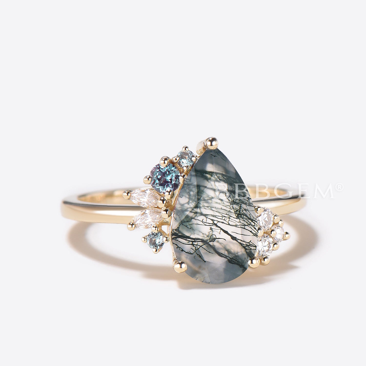 Natural Pear Cut Moss Agate Cluster Engagement Ring with Alexandrite & Diamonds | Vintage Style Wedding Ring for Women | Perfect for Proposals, Anniversaries & Special Occasions
