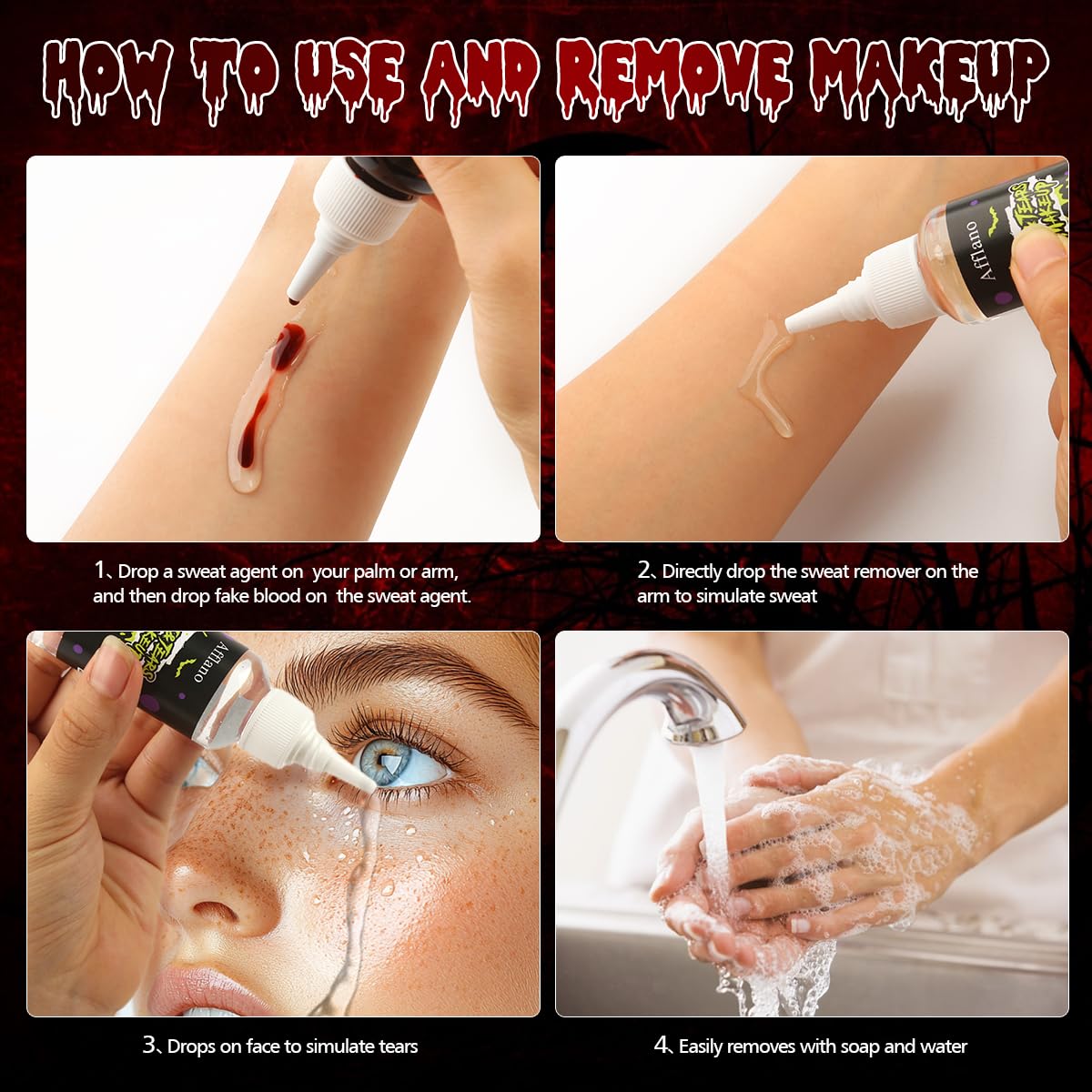 **Realistic Fake Sweat & Tears SFX Makeup Kit – Hypoallergenic, Safe for Skin – Perfect for Halloween, Cosplay, Movies & Theatrical Effects**    *(Use Scenes: Ideal for horror films, Halloween costumes, cosplay events, theater performances, and special effects makeup artistry.)*