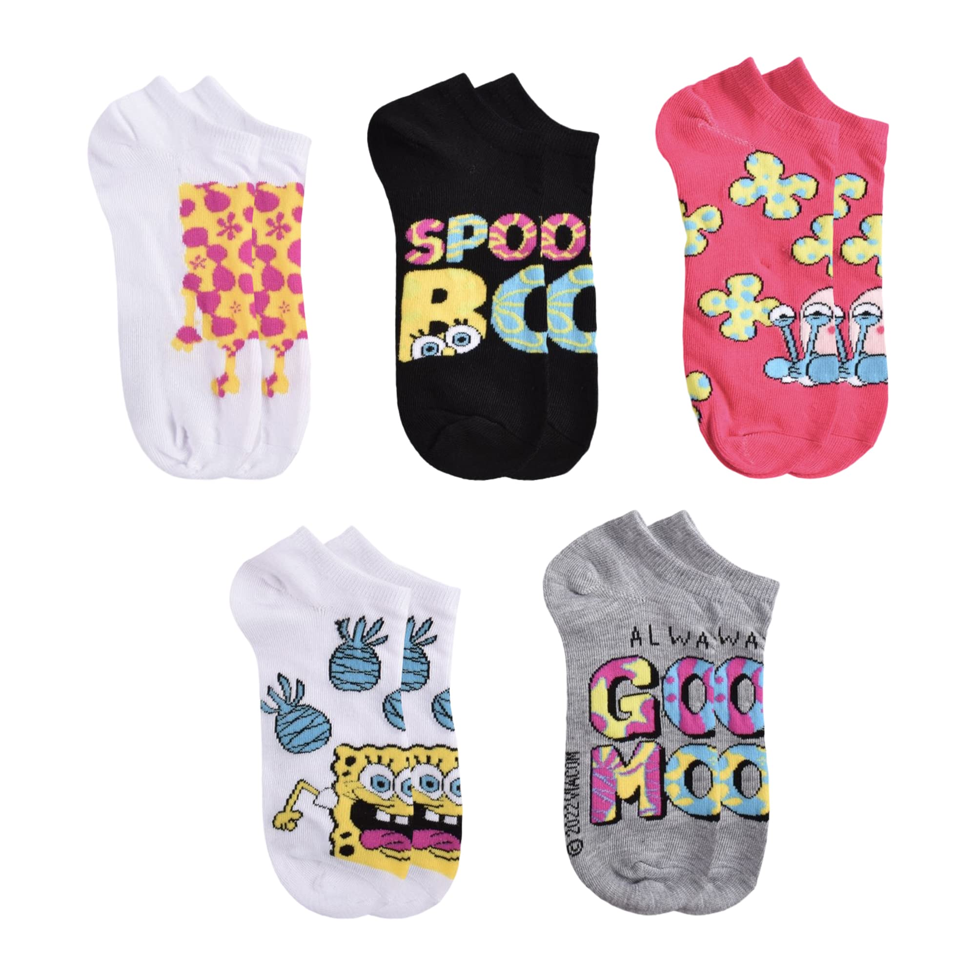 SpongeBob SquarePants Women's 5-Pack No Show Socks - Cute Cartoon Ankle Socks for Casual Wear, Gym & Daily Comfort