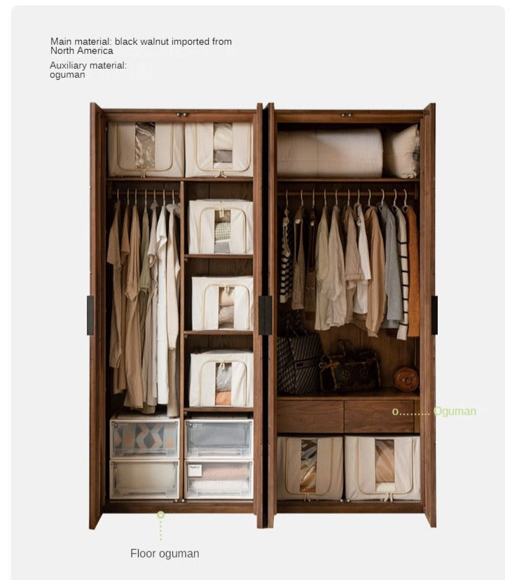 Premium Black Walnut Solid Wood Wardrobe Closet - Spacious Storage for Bedroom, Walk-In Closet & Guest Room Organization