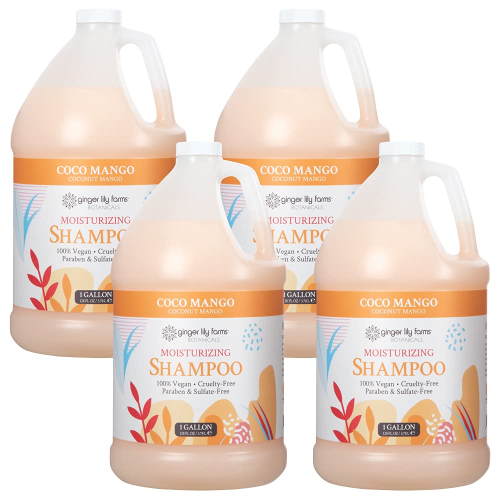 Ginger Lily Farms Botanicals Moisturizing Shampoo for All Hair Types - Coco Mango Scented, 100% Vegan & Cruelty-Free, 1 Gallon Refill (Pack of 4) | Hydrating Hair Care for Dry, Damaged & Curly Hair - Perfect for Salons & Home Use