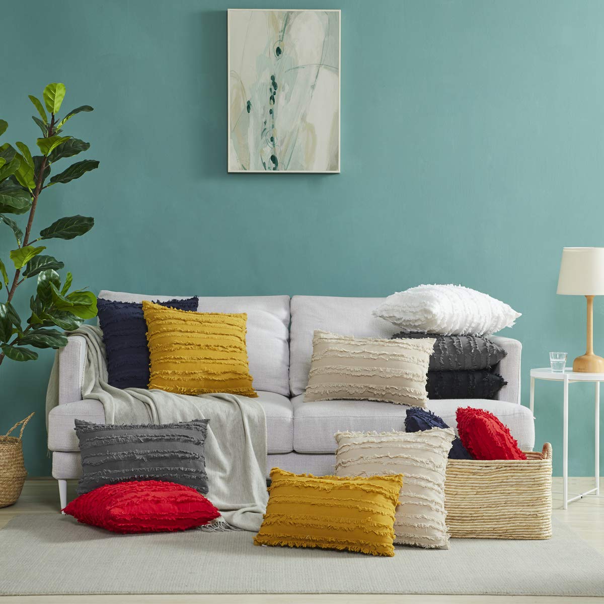 GIGIZAZA 16x16 Inch Mustard Yellow Boho Decorative Throw Pillow Covers - Cotton Square Couch Cushion Covers for Living Room, Bedroom & Sofa Decor