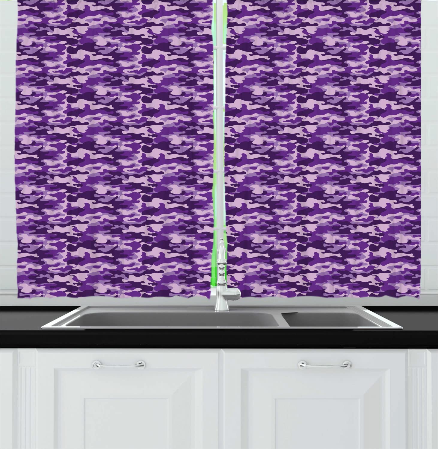Ambesonne Camouflage Print Long Kitchen Curtains - Modern Gradient Camo Design with Rod Pocket, 55x45 Inch Dark Purple & Violet Drapes - Perfect for Hunting Cabin, Man Cave, or Outdoor-Themed Room Decor