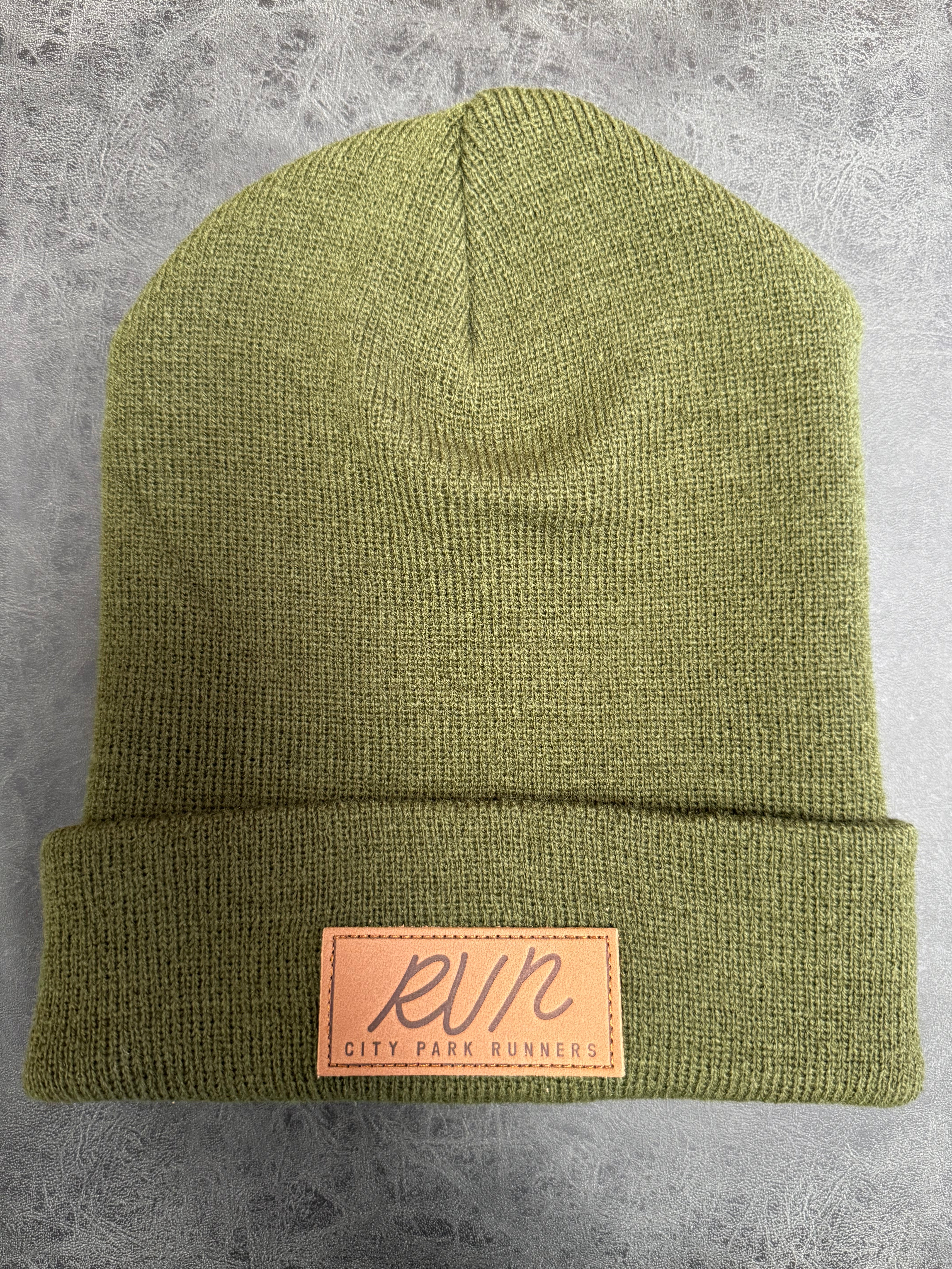 City Park Runners RUN Leather Crest Classic Beanie Hat for Men & Women - Warm Winter Skull Cap for Running, Hiking, and Outdoor Activities