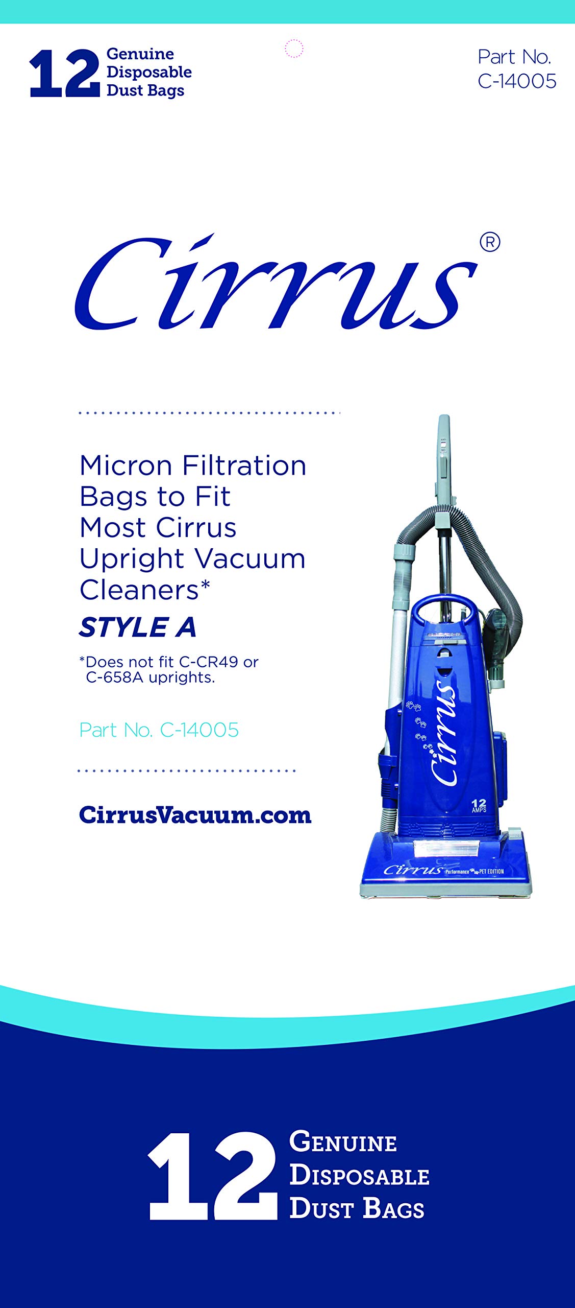 Cirrus ProGrade Style A Upright Vacuum Cleaner Bags - 12 Pack | Compatible with All Cirrus & ProGrade Vacuum Models | Part #14005 | Disposable Commercial Grade Bags for Dust & Allergen Control | Ideal for Homes, Offices & Commercial Spaces