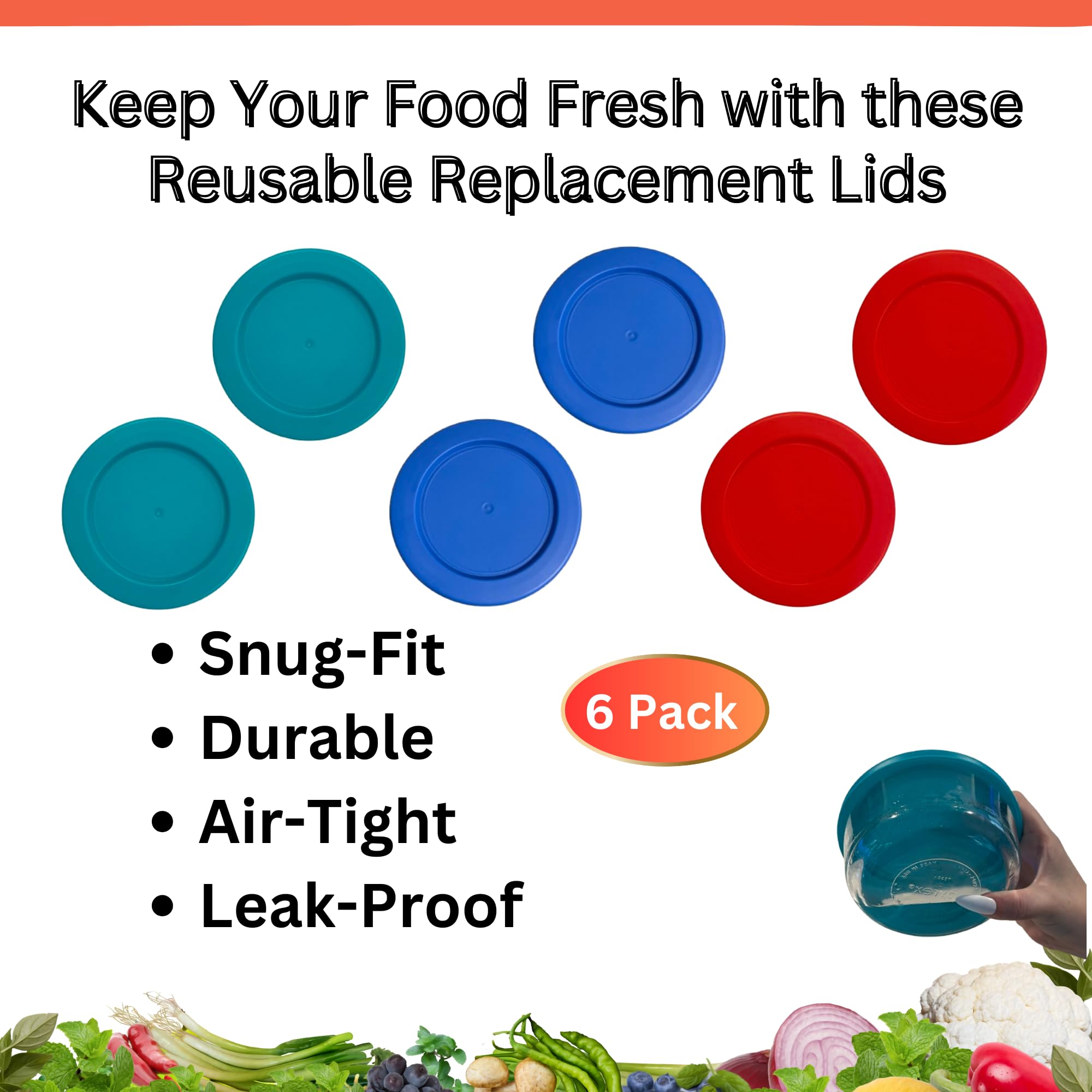 Pyrex 1 Cup Glass Food Storage Container Replacement Lids - 6 Pack (Turquoise, Blue, Red) - Airtight & Leakproof Covers for Meal Prep, Leftovers & Pantry Organization - Container Not Included
