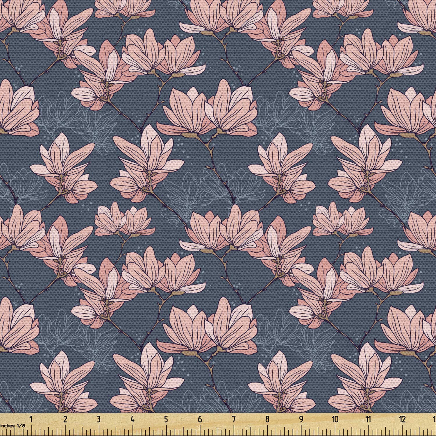 Ambesonne Japanese Style Magnolia Flowers Fabric by The Yard - 2 Yards Dark Blue Coral Floral Print - Decorative Upholstery Fabric for Sofa, Curtains & Home Decor - Perfect for DIY Projects, Pillow Covers & Table Runners
