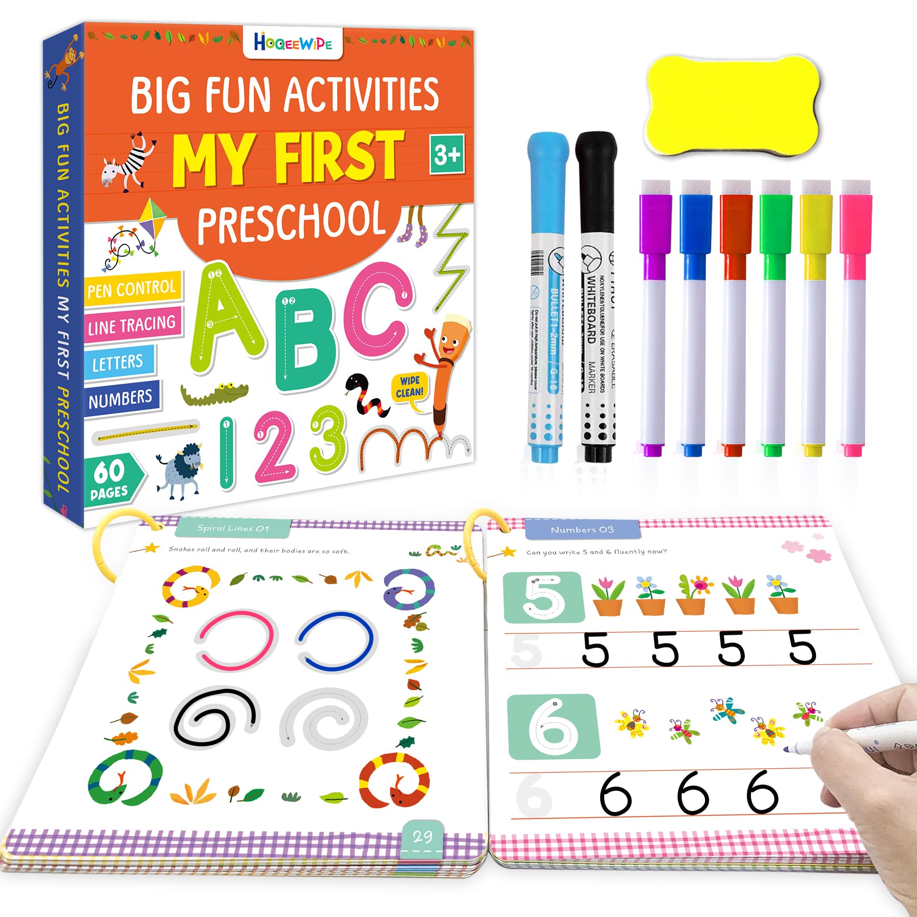 HOQEEWIPE Preschool Learning Activities Workbook - Reusable 60-Page Tracing Book for Kids Ages 3-5 | Alphabet, Numbers & Fine Motor Skills Practice | Educational Learning Toys for Toddlers 2-4 Years Old | Perfect for Homeschooling & Classroom Activities
