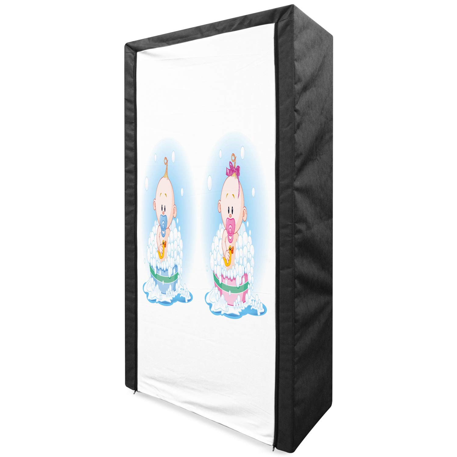 Ambesonne Gender Reveal Portable Fabric Wardrobe - Baby Boy & Girl Bath Time with Rubber Ducks Print - 33.5 Inch Multicolor Clothing Organizer with Shelves - Perfect for Nursery, Baby Shower & Kids Room Storage