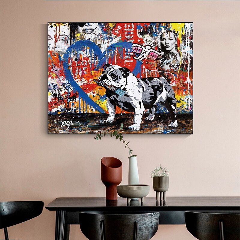 Urban Graffiti Art Dog Canvas Wall Decor - Modern Street Style Painting for Living Room, Bedroom & Office