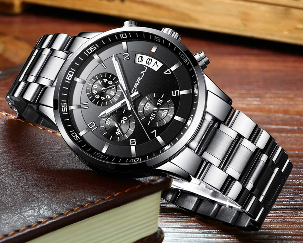 CRRJU Men's Stainless Steel Chronograph Watch with Date Display - Waterproof Fashion Wristwatch for Business, Casual & Outdoor Activities