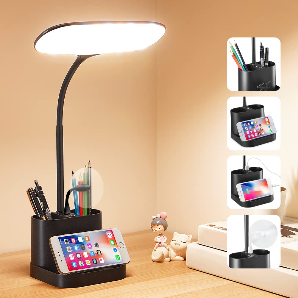 Mubarek LED Desk Lamp - 8W Dimmable Office Light with 3 Modes & USB Charging Port | Black Rechargeable Desk Lamp for Home Office, Study, Reading & Workspace Lighting