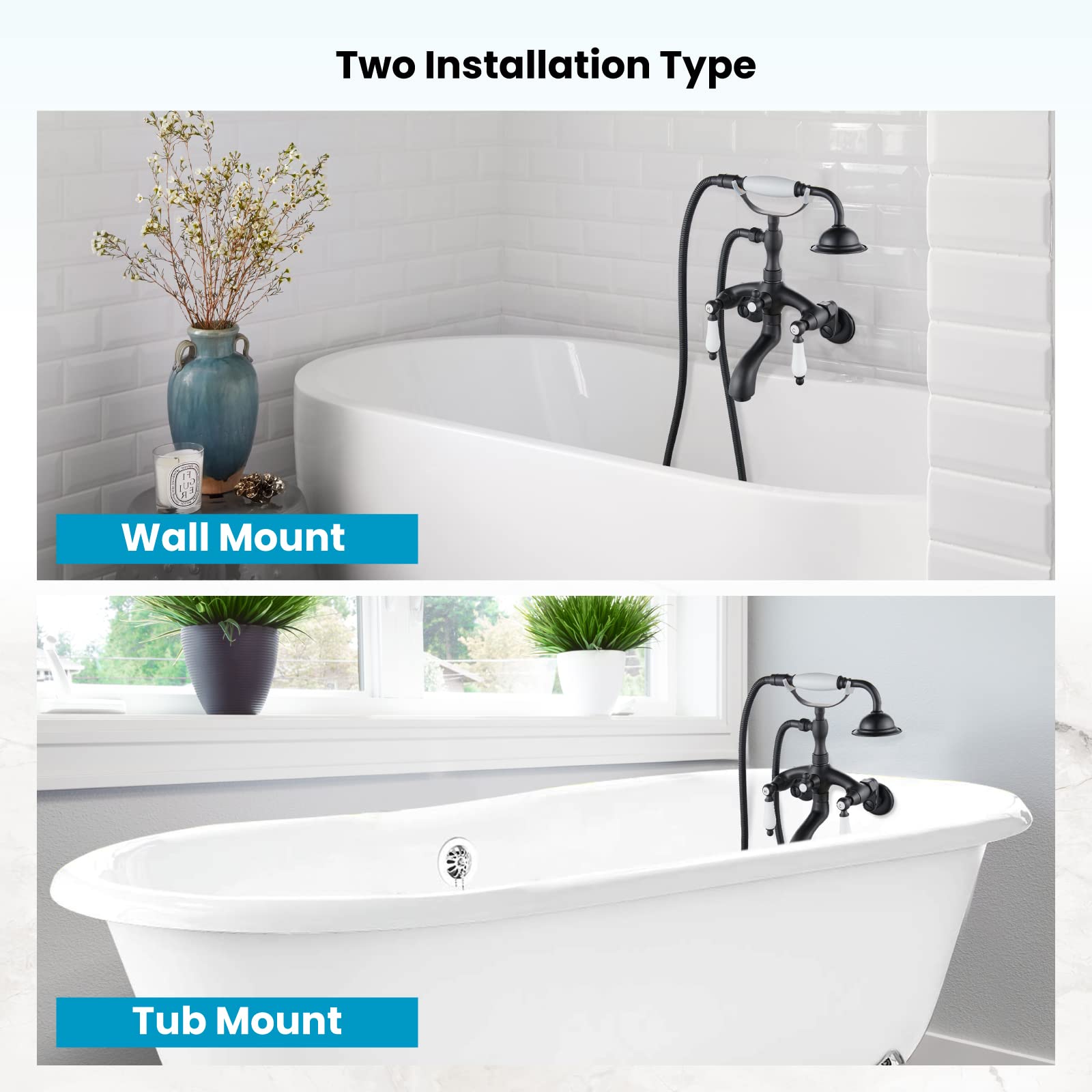 Gotonovo Matte Black Clawfoot Tub Shower Faucet System - Double Handle Wall Mount Bronze Ceramic Telephone Shaped Faucet with Hand Shower Sprayer for Vintage Bathroom & Luxury Spa Experience