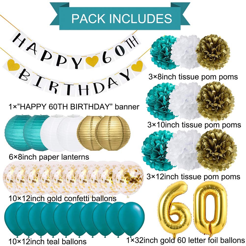 Elegant Teal & Gold 60th Birthday Party Decorations Set - 60 Balloons, Confetti & Happy Birthday Banner - Perfect for Women's Milestone Celebration & Anniversary Party Supplies | Great for Home Decor, Surprise Parties & Photo Backdrops