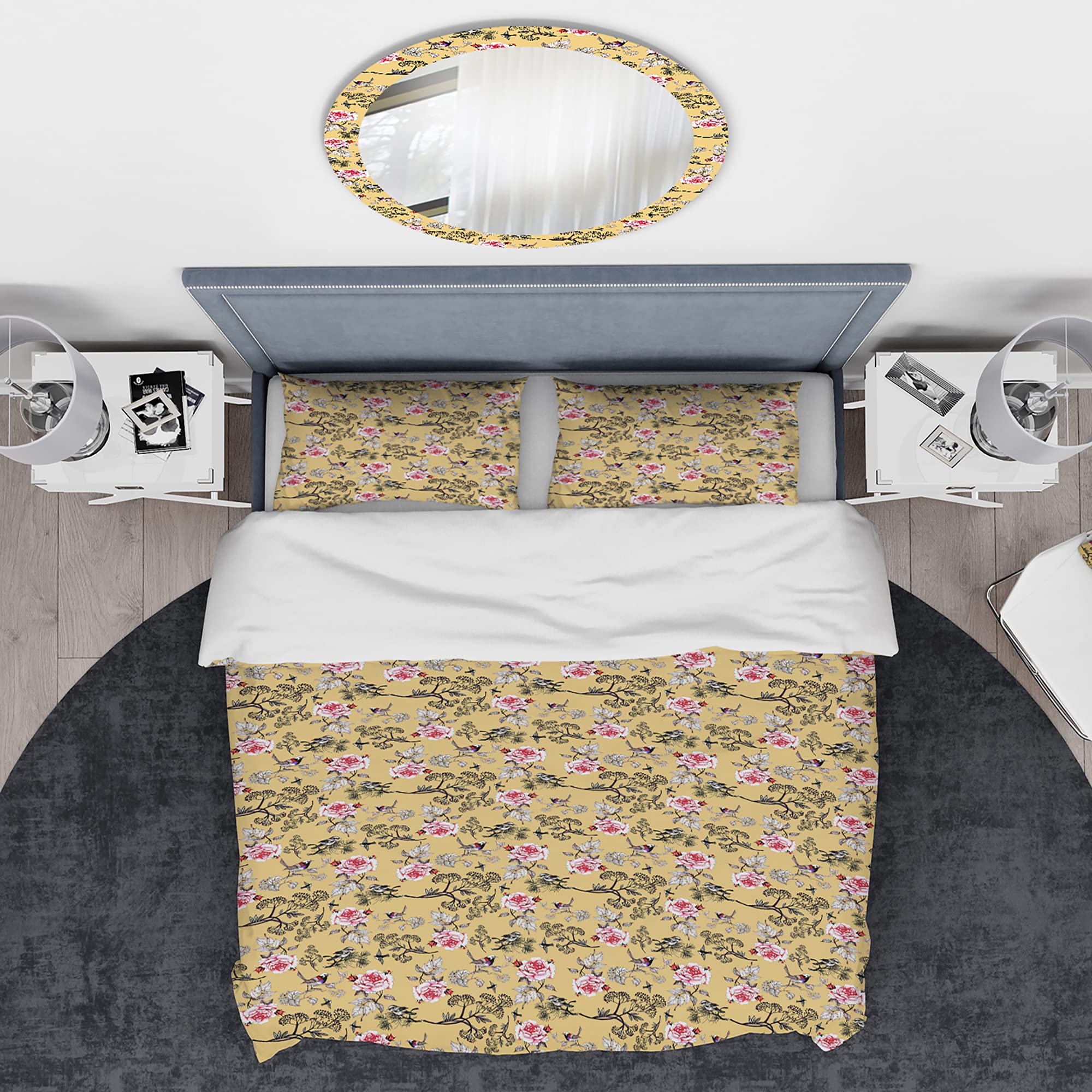 Floral Birds Duvet Cover Set King - Nautical Coastal Bedding for All Seasons
