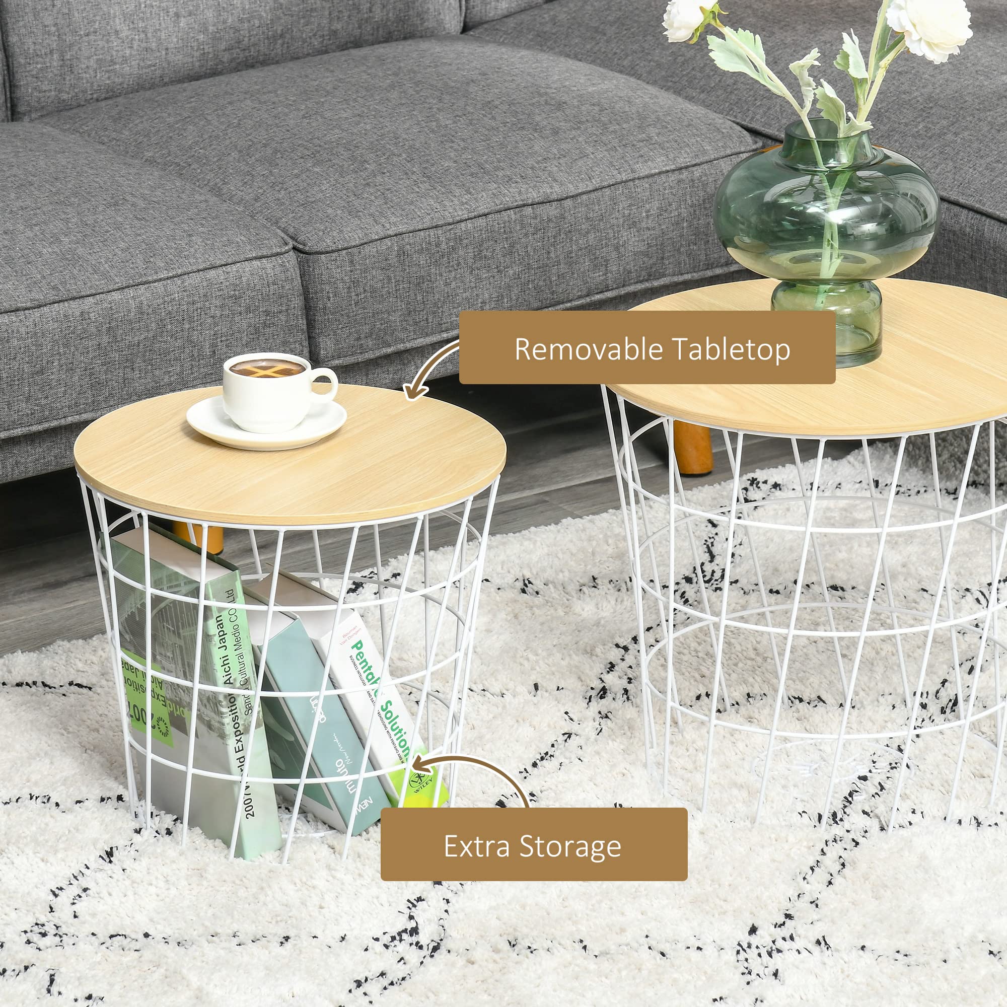 HOMCOM 2-Piece Round Nesting End Tables with Storage, Removable Top Accent Side Tables for Living Room, Bedroom, or Office - White and Natural Finish | Perfect for Small Spaces, Home Decor, and Extra Storage