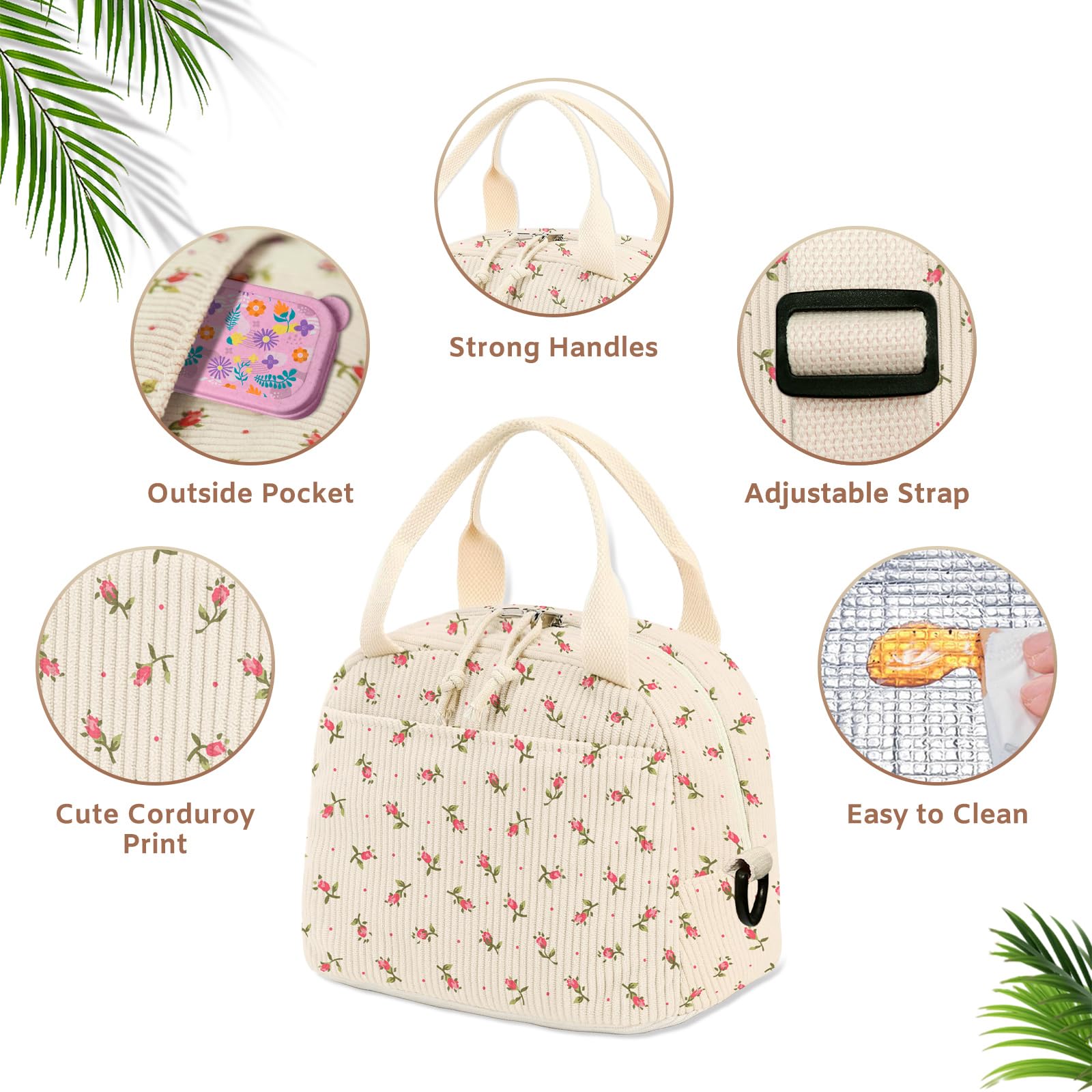 Stylish Insulated Lunch Bag for Women & Men - Large Corduroy Lunch Box with Shoulder Strap, Floral Tote & Reusable Cooler Bag | Perfect for Work, School, Picnics & Outdoor Activities