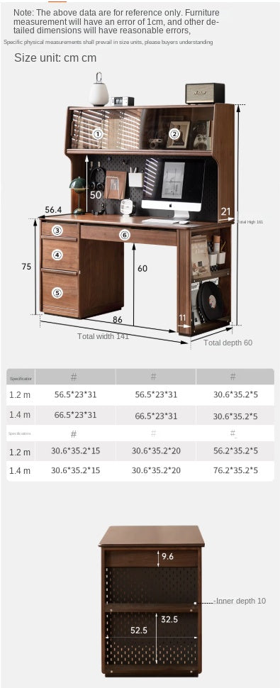 Premium Black Walnut Solid Wood Computer Desk with Bookshelf - Home Office Workstation for Remote Work & Study