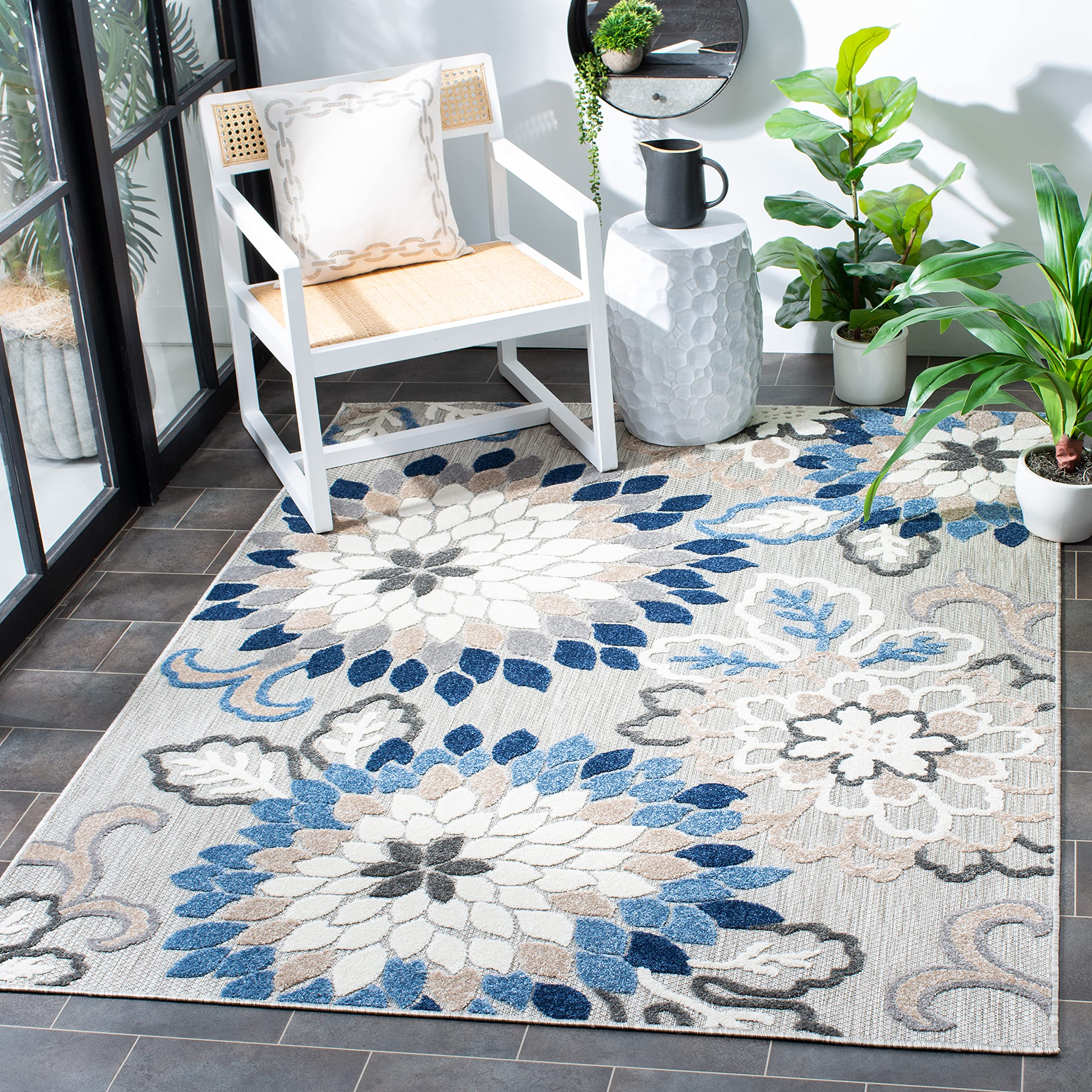 SAFAVIEH Cabana Collection 8' x 10' Grey & Blue Floral Indoor Outdoor Area Rug - Non-Shedding, Washable, Easy Care - Perfect for Patio, Backyard, Mudroom, Living Room & Bedroom (CBN391F)