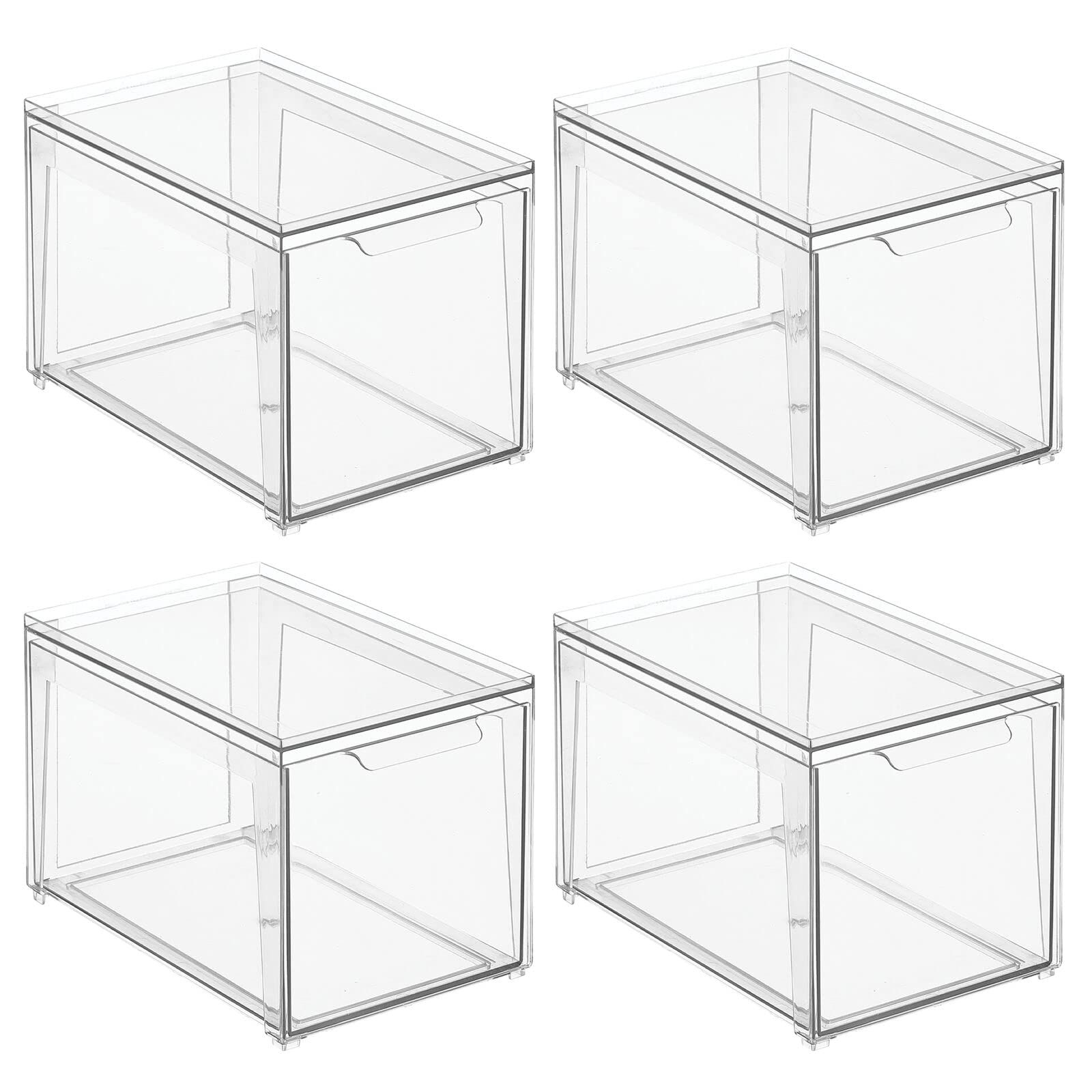 mDesign Plastic Stackable Bathroom Storage Organizer with Pull-Out Bin Drawer - 4 Pack Clear - Lumiere Collection for Cabinet, Vanity, Shelf & Closet Organization | Perfect for Small Spaces & Bathroom Decluttering
