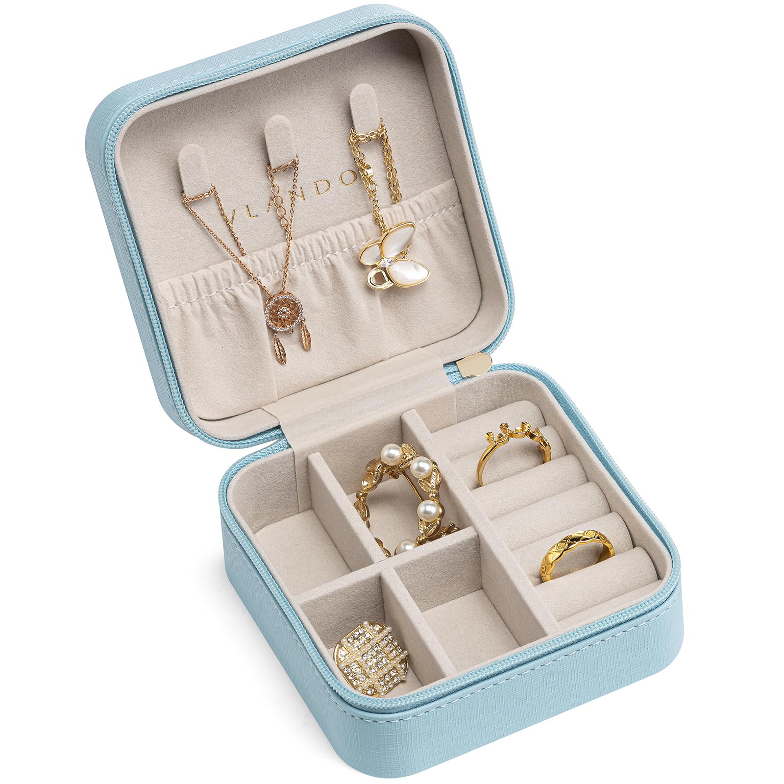 Vlando Travel Jewelry Organizer Case for Women - Portable Jewelry Box with Compartments for Necklaces, Rings & Earrings - Perfect for Vacation, Business Trips & Weekend Getaways (Blue)