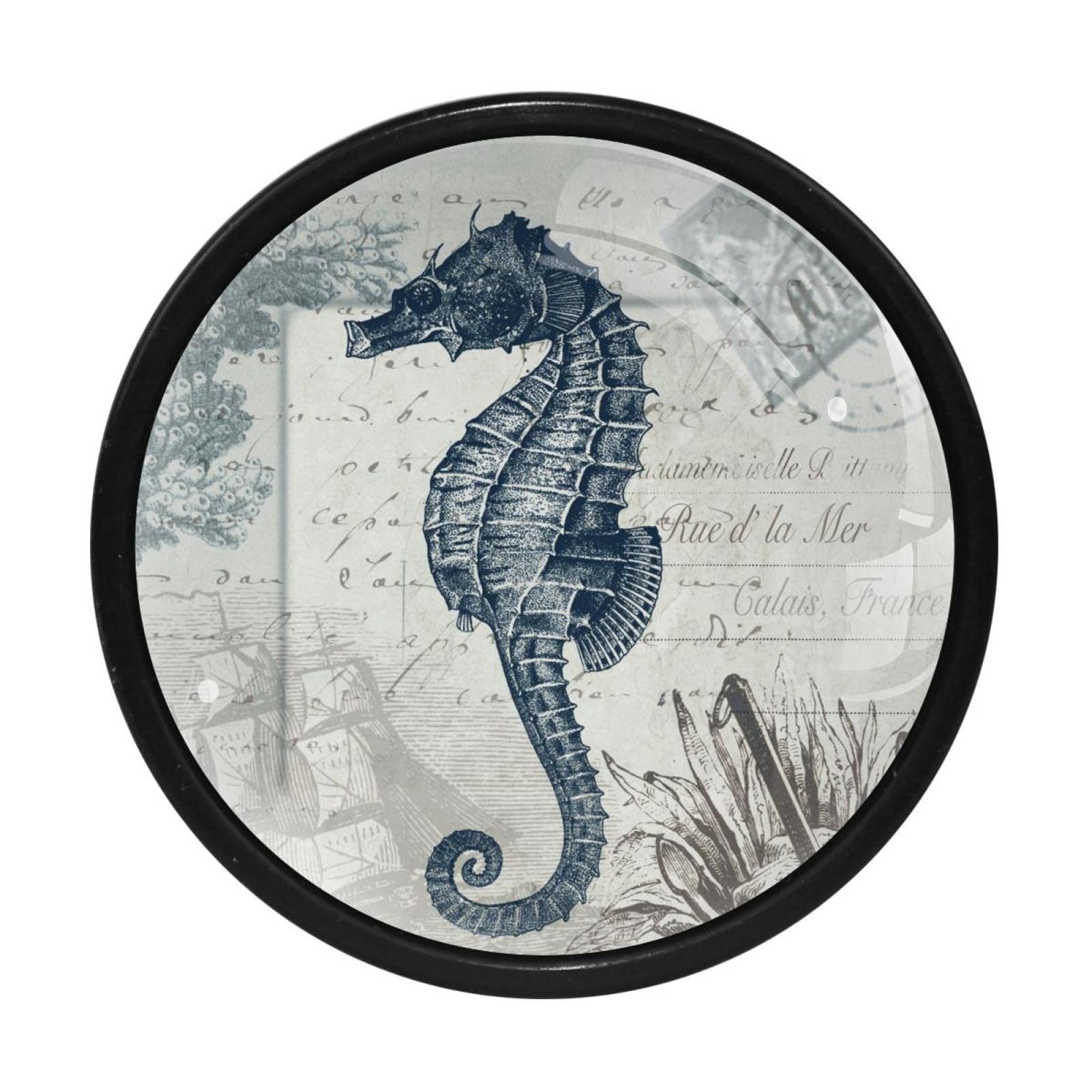 4 Pack 1.3 Inch Round Vintage Seahorse Cabinet Knobs - Decorative Drawer Pulls for Kitchen Cabinets, Dressers & Furniture Hardware (Perfect for Coastal & Nautical Home Decor)