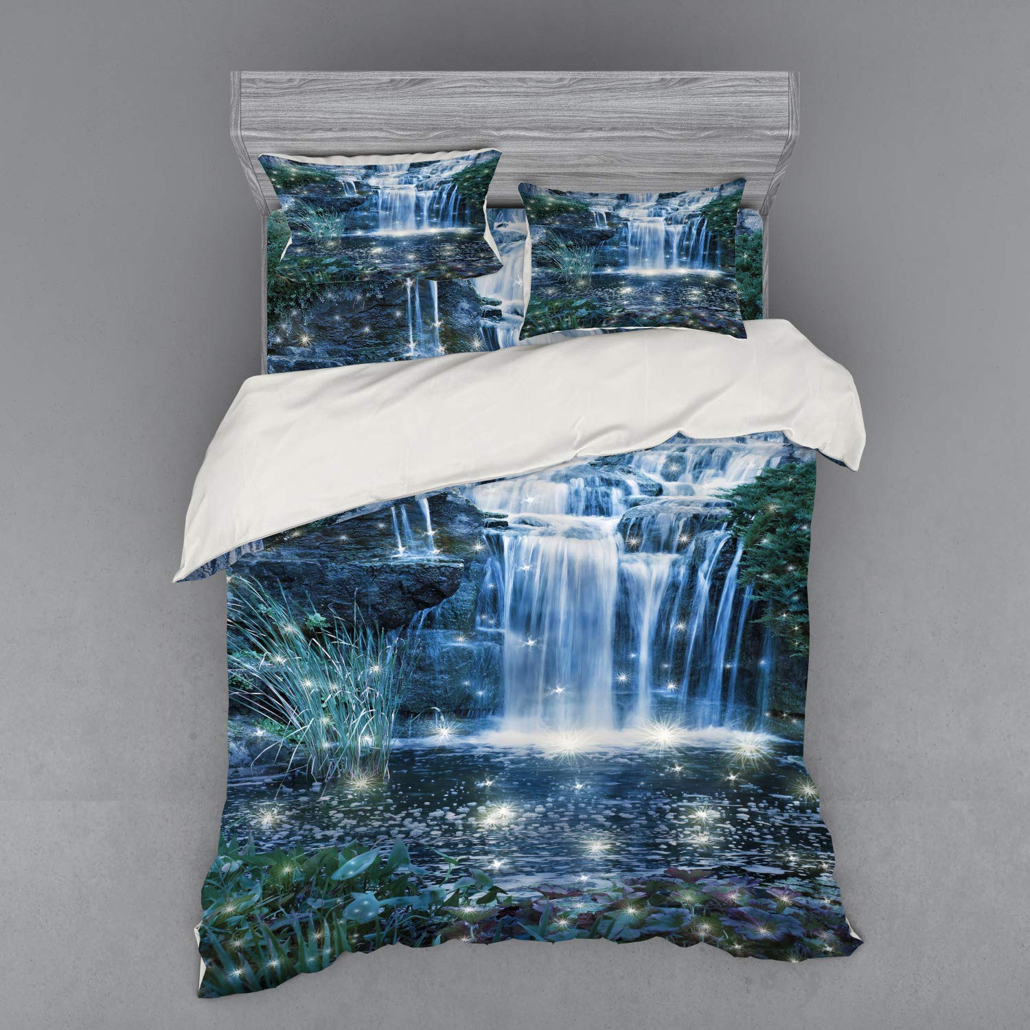 Ambesonne Magic Bedding Set - Water Landscape Print Duvet Cover 4-Piece Set with Shams & Fitted Sheet, Queen Size Grey Green | Nature Inspired Bedroom Decor for Cozy Nights & Relaxing Sleep