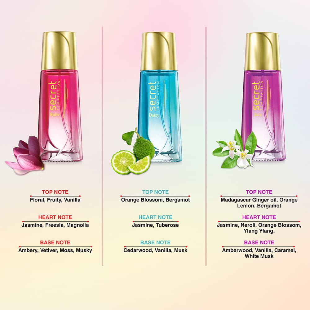 Secret Temptation Women's Perfume Gift Set - 3x30ml Eau de Parfum (Ruby, Daisy & Jazz) | Long-Lasting Luxury Fragrances for Women | Elegant Gift for Her - Birthday, Anniversary, Valentine's Day | Perfect for Date Night, Office & Special Occasions