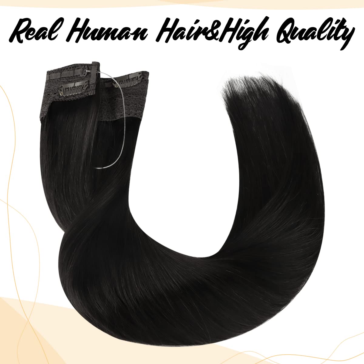 16 Inch 95g Jet Black Straight Remy Human Hair Extensions with Invisible Fish Wire - Real Human Hair Weft for Natural Look - Perfect for Daily Wear, Parties & Special Occasions