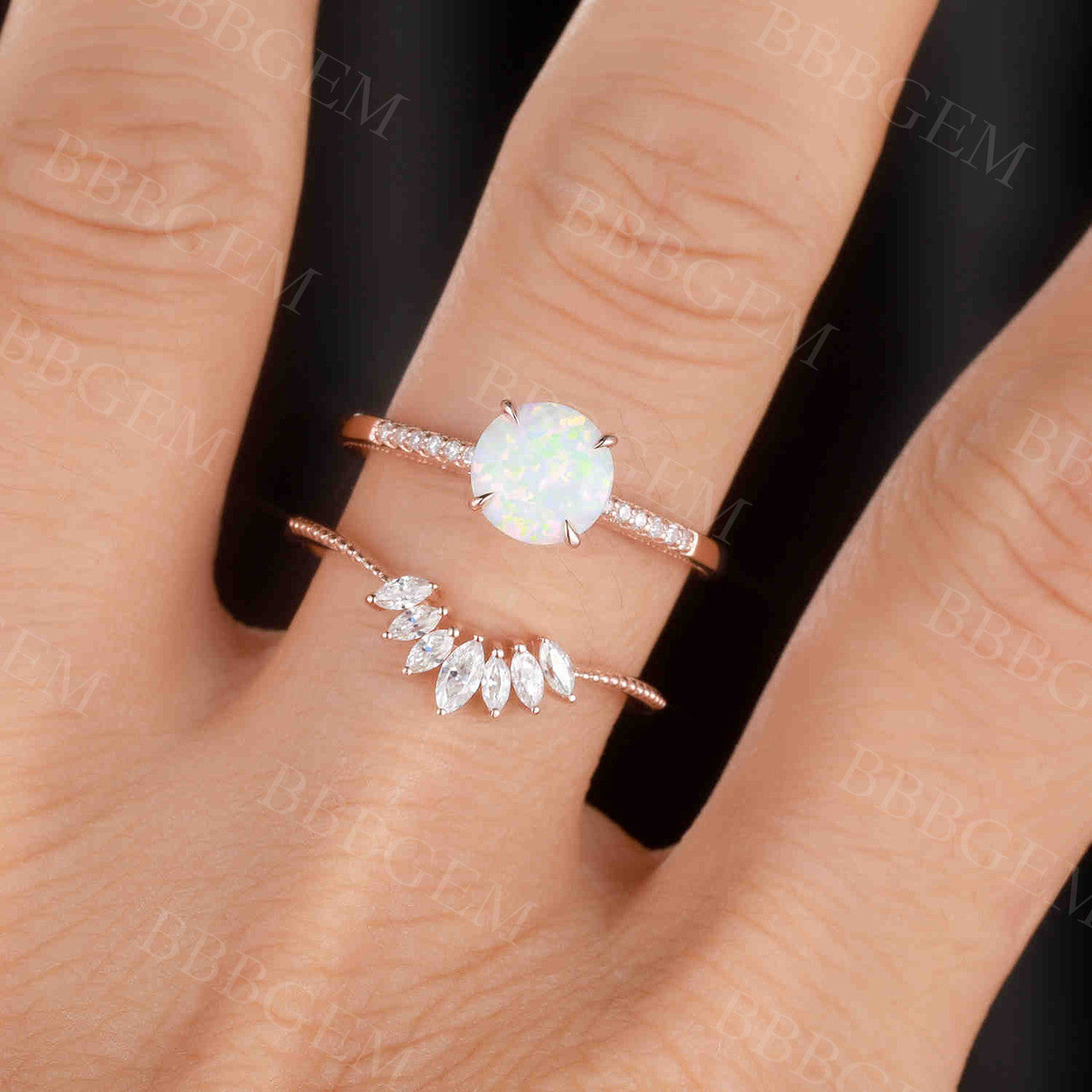 Opal and Moissanite Bridal Ring Set for Women - Solitaire Engagement Ring with Matching Band in Rose Gold, Art Deco Style | Perfect for Weddings, Anniversaries, and Special Occasions