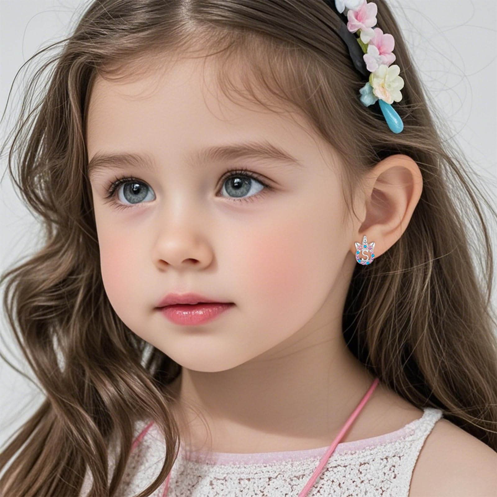 Rose Gold & Silver Initial Unicorn Stud Earrings for Girls - Hypoallergenic Rhinestone Letter Jewelry | Kids Toddler Gifts for Birthdays, Parties & Special Occasions