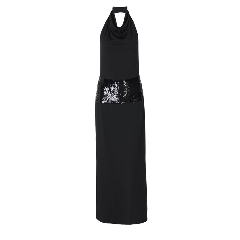 Elegant Black Halter Backless Glitter Maxi Dress for Women - High Waist Sleeveless Long Gown for Evening Party, Prom, Wedding Guest & Special Occasions