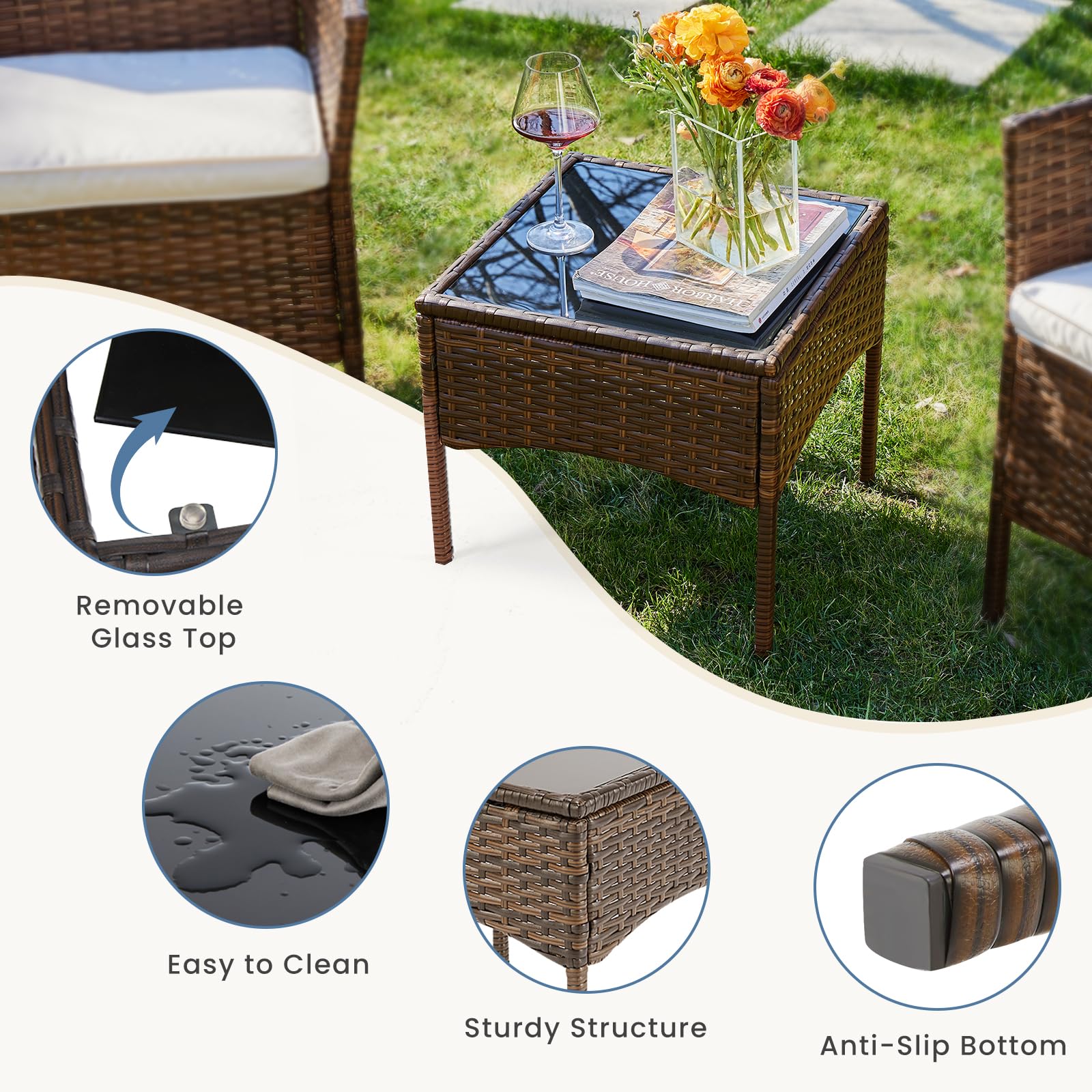 DUMOS 3-Piece Patio Furniture Set - Modern Outdoor Wicker Sofa & Coffee Table Conversation Set, All-Weather Rattan Chairs for Garden, Terrace, Porch, Balcony, Backyard (Brown & Beige) | Perfect for Relaxing, Entertaining & Outdoor Dining