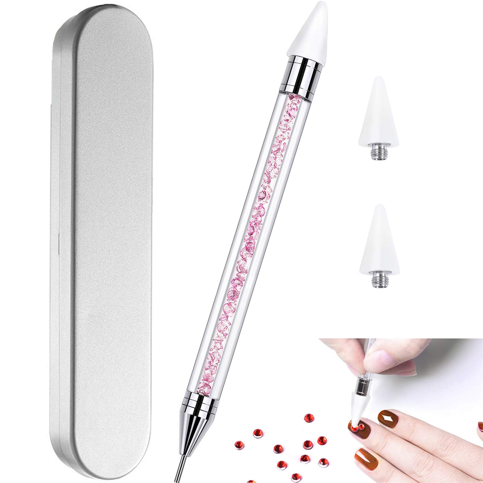 Dual-ended Nail Art Dotting Tool with Rhinestone Picker & 2 Extra Wax Heads - Pink Acrylic Handle for Professional & DIY Nail Designs - Perfect for Salon, Home Manicure & Nail Art Enthusiasts